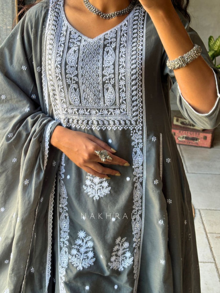 Saesha Grey Chikankari Kurta Set with Dupatta
