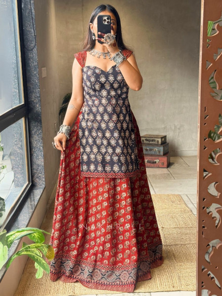 Bijuria Black & Red Cotton Chaniya Choli with Kurta-Style Blouse