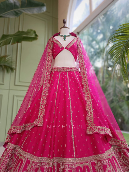 Pravya Magenta Raw Silk Unstitched Bridal Lehenga