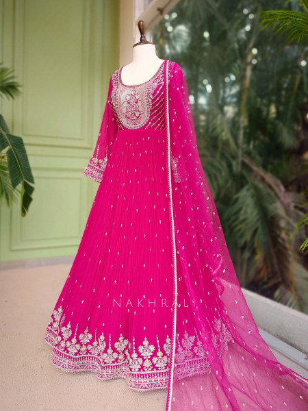 Fuchsia Magenta Georgette Anarkali Set with Embroidered Neck Work
