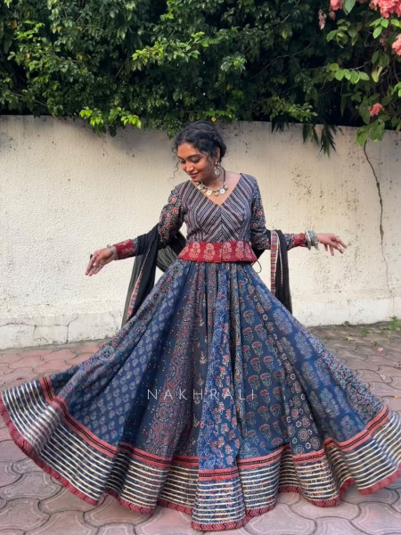 Pravika Blue Pure Cotton Chaniya Choli Ajrakh Kalamkari Patchwork & Gota Detail