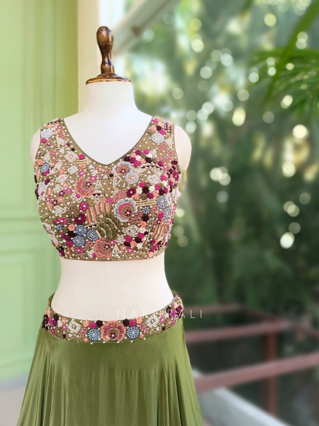 Gardenia Green Indo Western Lehenga with Thread Embroidery Work