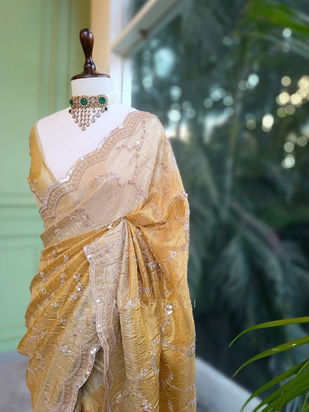 Aarna Gold Beige Organza Saree with Sequin Cut Dana Work