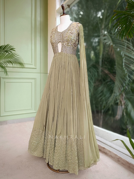 Zyana Green Indo-Western Gown with Sequin Detailing