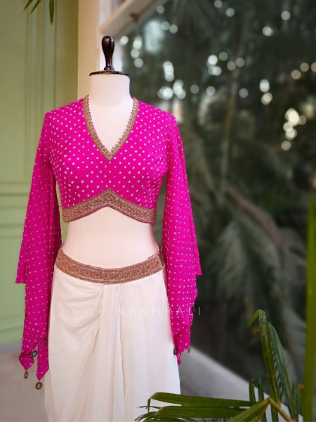 Verin Pink Ivory Crop Top and Skirt Set with Embroidered Work