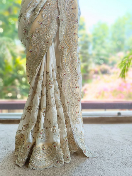 Noor-e-Chandani Cream Organza Saree with Heavy Embroidery Work