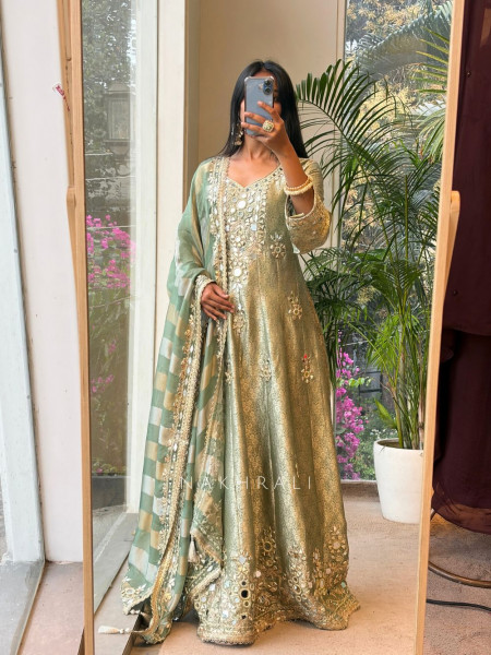 Mehraz Sea Green Mirror Anarkali Set