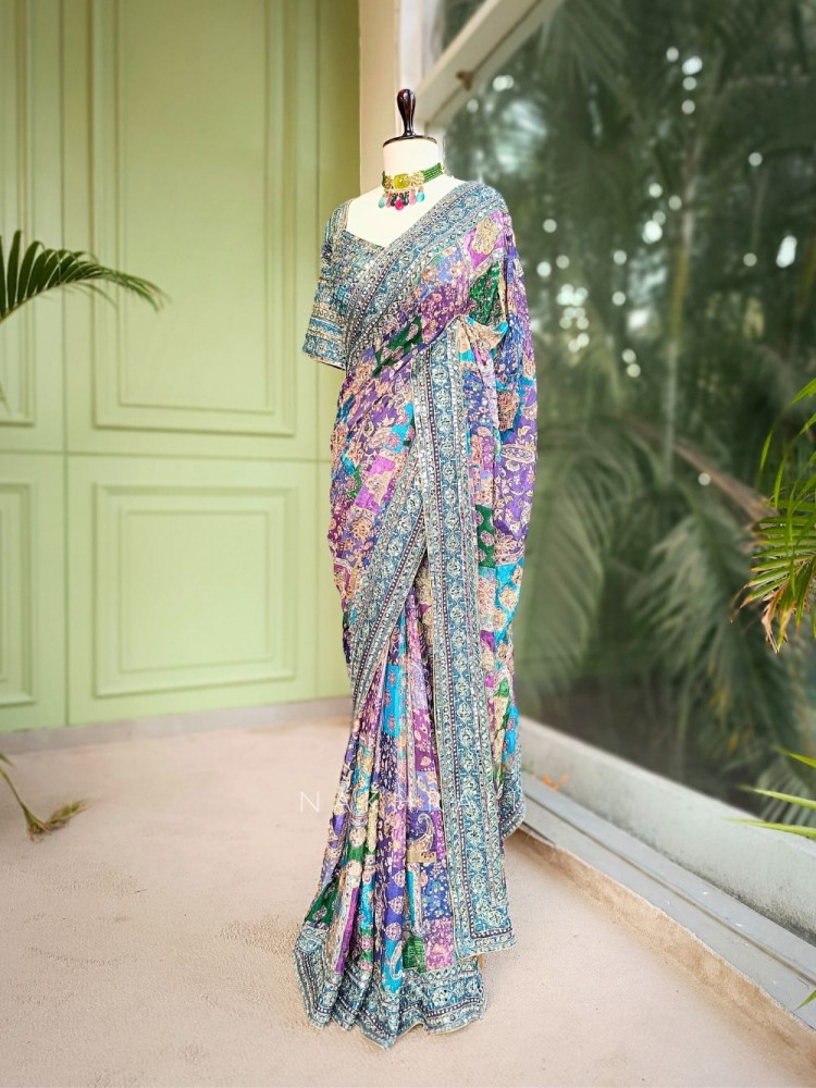 Image of Tamaswini Blue Saree with Stone, Zari &amp; Sequin Work