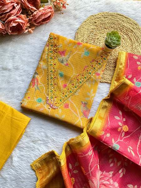 Anvika Yellow Embroidered Neckline Dress Material Set