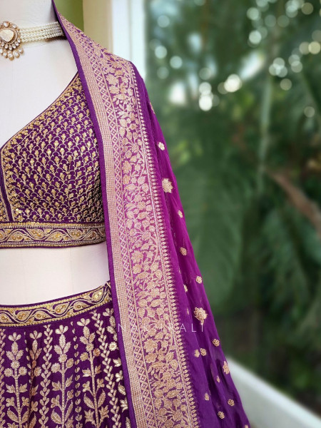 Vedhika Glint Purple Brocade Lehenga with Zari and Sequin Work