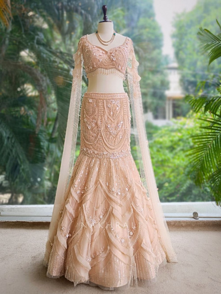 Elivra Beige Net Indo-Western Lehenga with Beads & Sequin Work