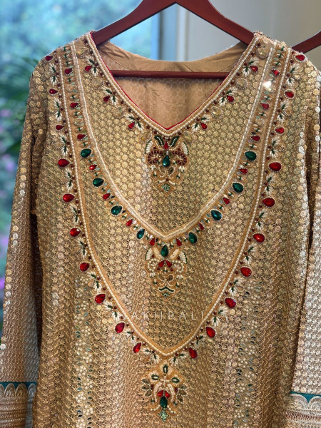 Noorqash Golden Sequin Palazzo Suit Set with Stone Work