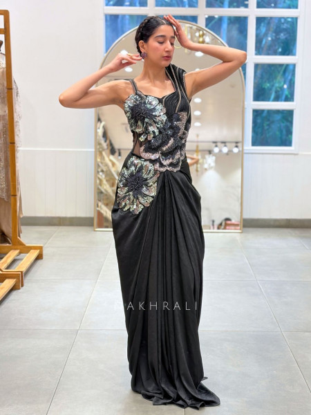 Obsidian Black Premium Metallic Lycra / Shimmer Satin-Poly Blend Drape Gown