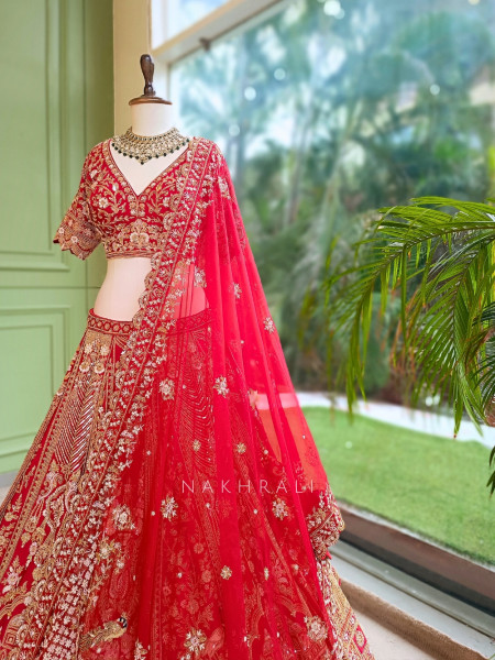 Vermillion Red Silk Velvet Bridal Lehenga With Zardozi, Dabka & Doli Motif Work