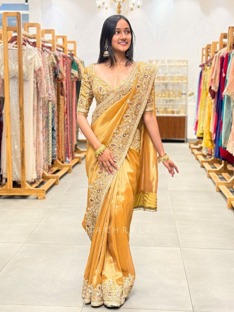 Image of Ritvansh Mustard Saree with Embroidery and Readymade Embroidered Blouse