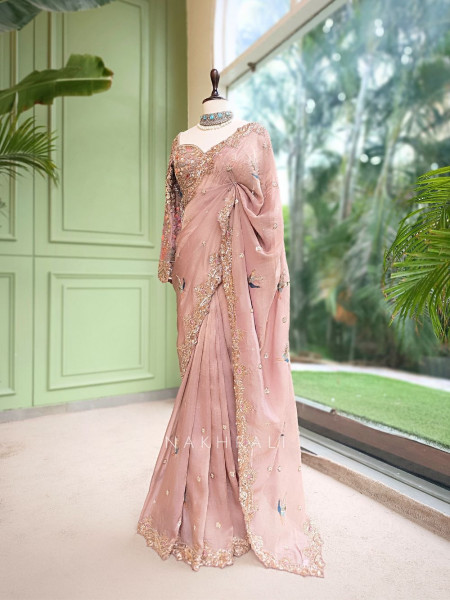 Avian Whimsy Light Purple Pure Organza Saree