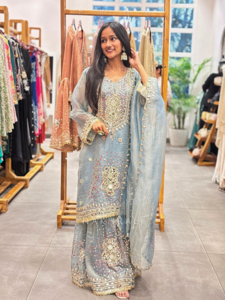 Aisha Powder Blue Tissue Suit Set with Mirror and Gota Patti Work