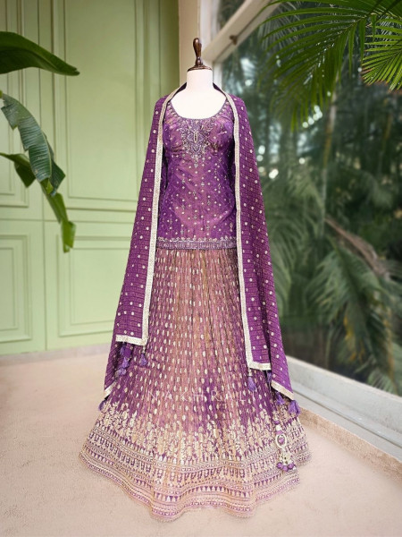 Saanvi Purple Embroidered Kurta Lehenga Set with Dupatta
