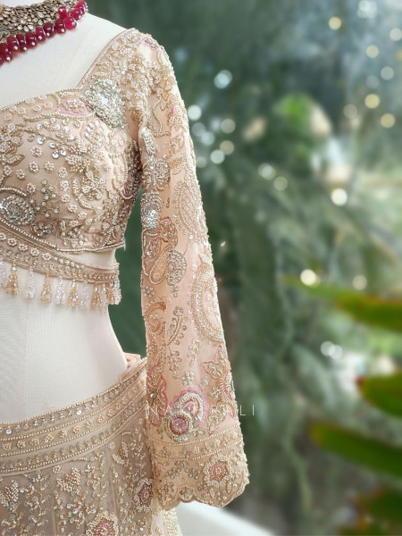 Noor-E-Jahan Beige Bridal Lehenga with Pearl and Beads Work