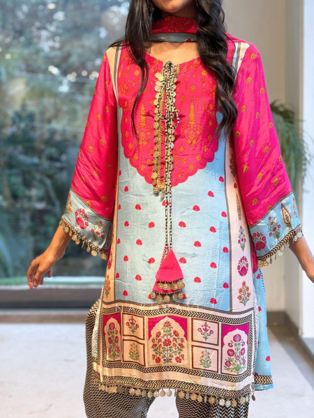 Jharokha Magenta Modal Satin Silk Suit Set