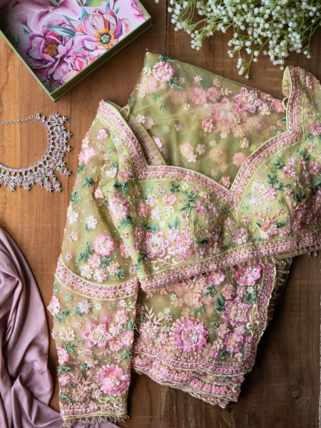 Odette Green Floral Embroidered Saree with Readymade Blouse
