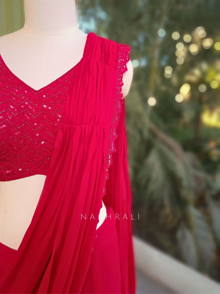 Serenara Red Drape Saree with Embellished Cape