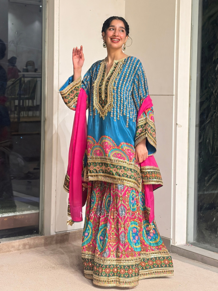 Image of Sargam Blue Modal Satin Gharara Suit Set