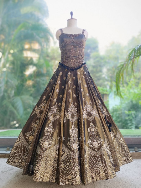 Surmayi Green Mehendi Tissue Silk Indo-Western Lehenga