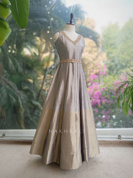 Virelle Grey Silk Anarkali Suit Set with Zari and Sequin Work
