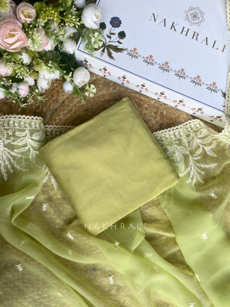 Flora Vine Green Embroidered Dress Material Set