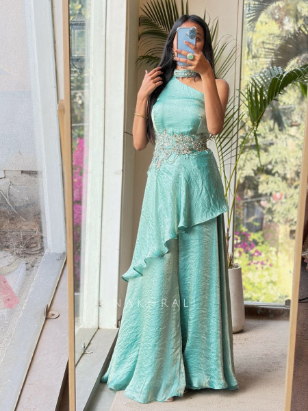 Ishani Aqua Blue Indo-Western Set with Sequin Waist Work