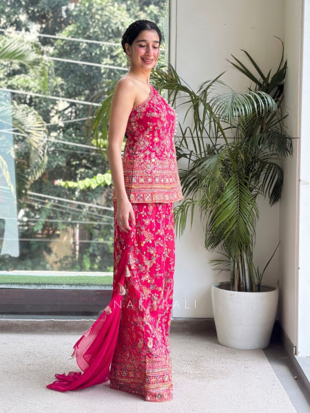 Evelyn Exquisite Magenta Georgette Crepe Silk Blend One-Shoulder Palazzo Set