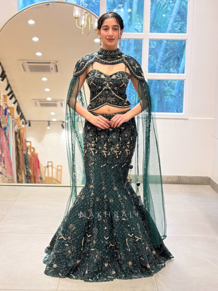 Gisele Bottle Green Net & Tulle Fish-Cut Cape Lehenga