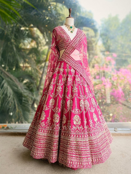 Vritika Magenta Unstitched Bridal Lehenga with Zari Sequin Work