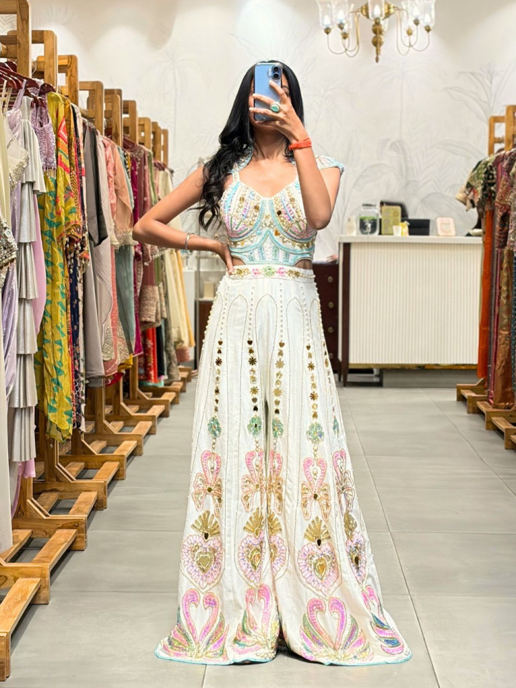 Image of Nymera White Embellished Jumpsuit with Mirror Bead Work