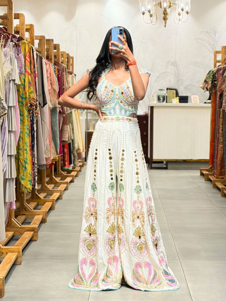 Nymera White Embellished Jumpsuit with Mirror Bead Work