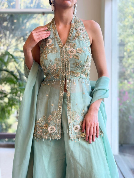 Zireya Sea Green Embellished Indo-Western Set