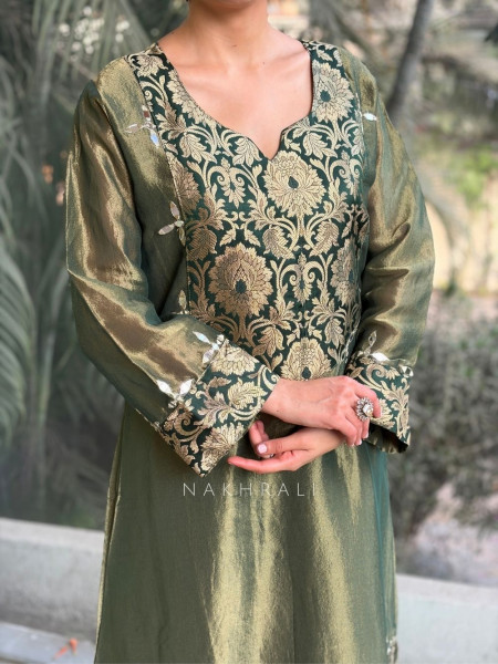 Zeenat Green Embroidered Side-Slit Dress with Matching Potli