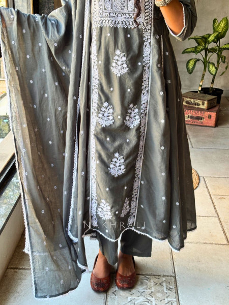 Saesha Grey Chikankari Kurta Set with Dupatta