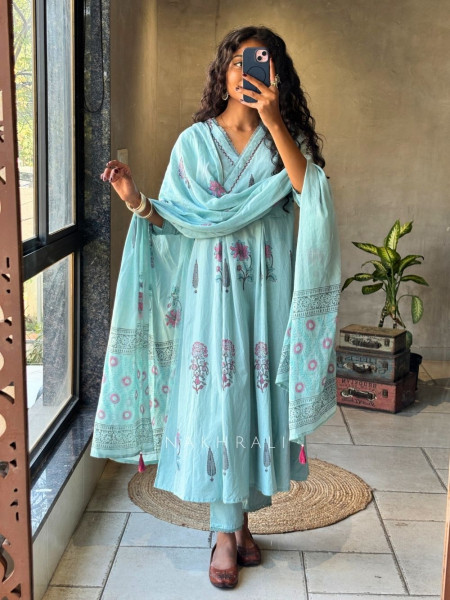 Meadow Blue Cotton Anarkali Suit Set with Floral Print