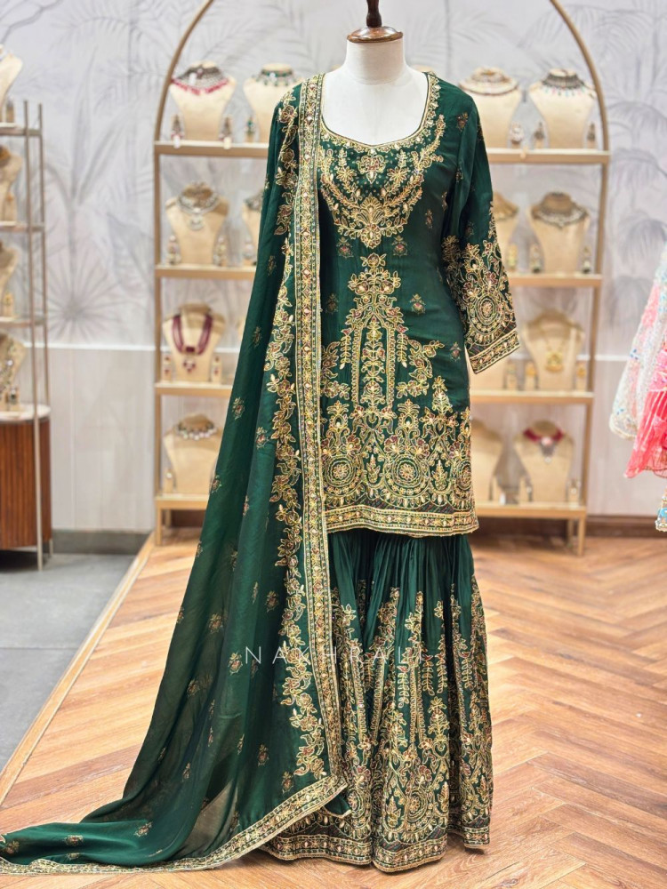 Image of Noor-e-Heer Green Gharara Set with Embroidery