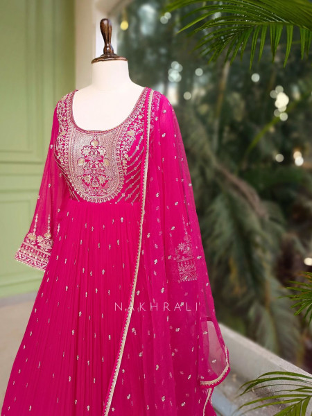 Fuchsia Magenta Georgette Anarkali Set with Embroidered Neck Work