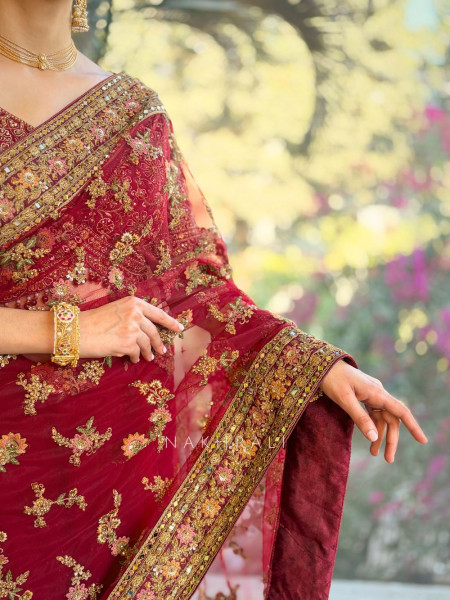 Yuvika Maroon Net Saree with Embroidery Work