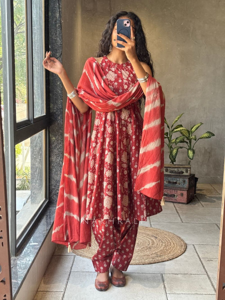 Gulnaar Maroon Rayon Cotton Anarkali Suit Set with Floral Print