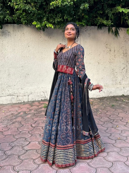 Pravika Blue Pure Cotton Chaniya Choli Ajrakh Kalamkari Patchwork & Gota Detail