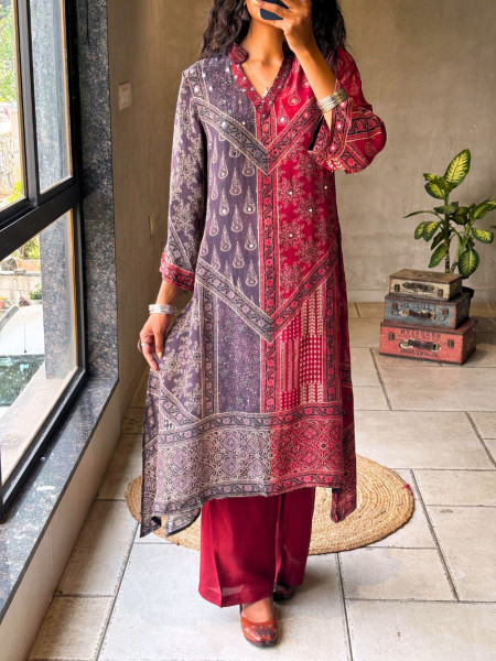 Kairen Maroon Chinon Kurta Set with Dual Panel Print and Mirror Work