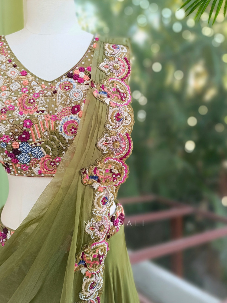 Image of Gardenia Green Indo Western Lehenga with Thread Embroidery Work