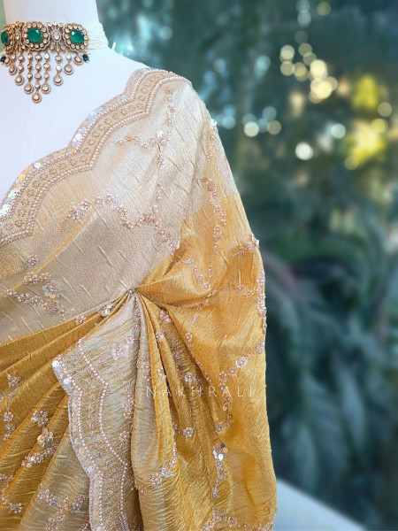 Aarna Gold Beige Organza Saree with Sequin Cut Dana Work