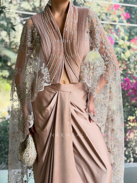 Elara Brown Indo-Western Skirt Set with Cape