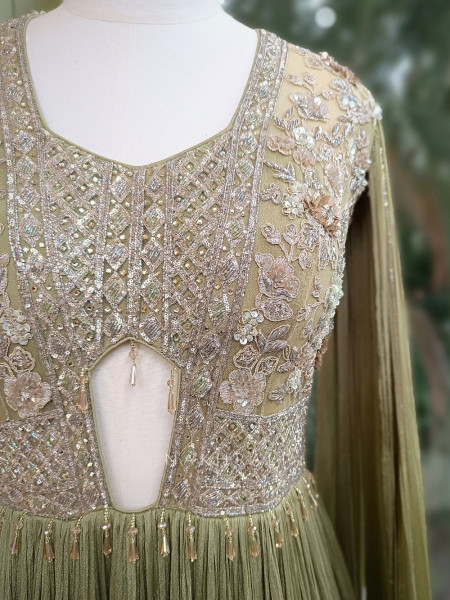 Zyana Green Indo-Western Gown with Sequin Detailing